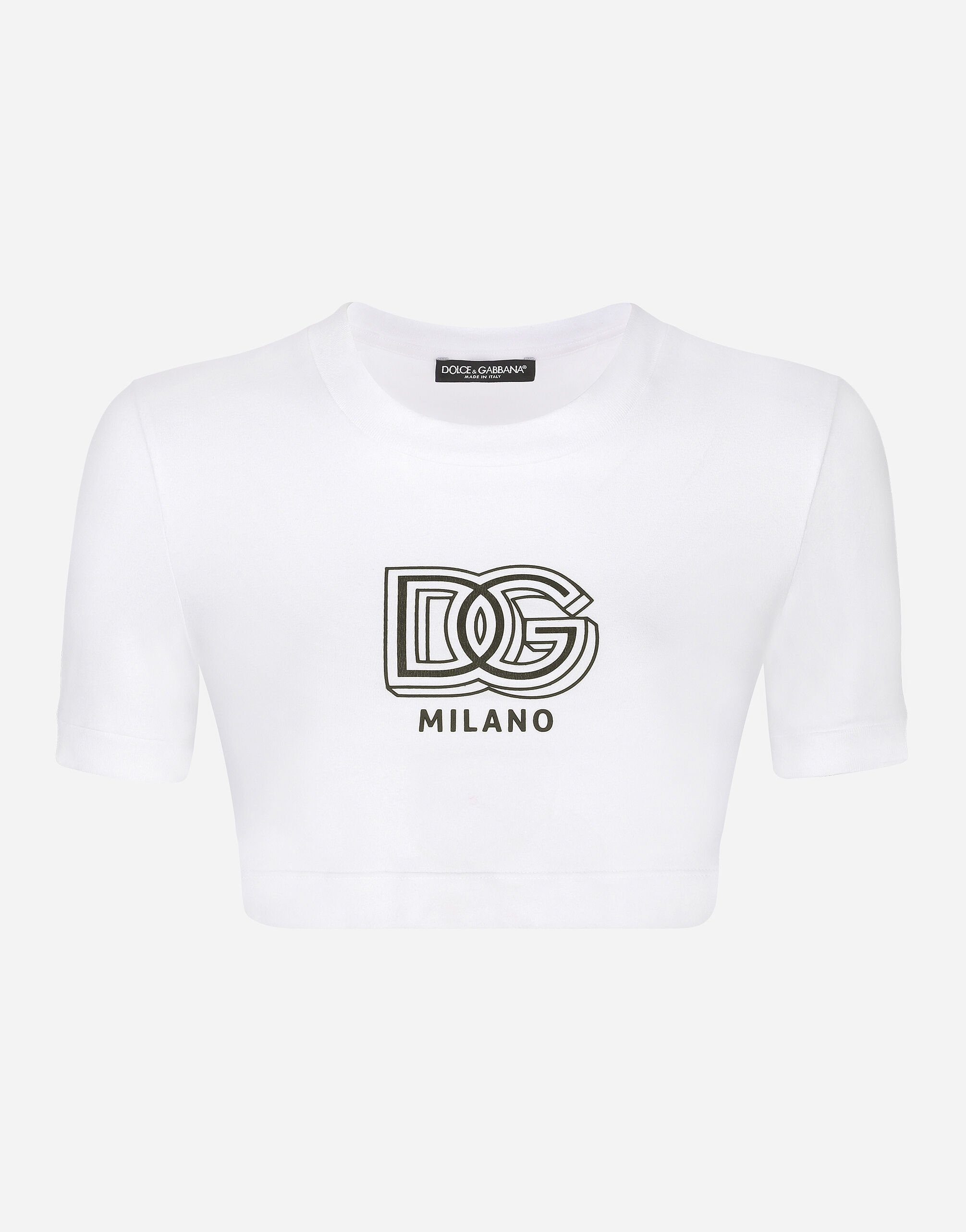 Dolce & Gabbana T-shirt cropped in jersey con lettering DG Bianco F8T00ZGDCBT
