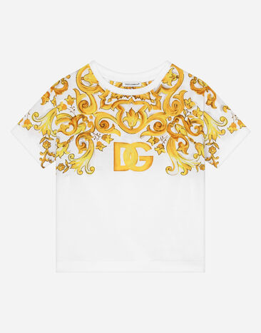 Dolce & Gabbana Jersey T-shirt with yellow majolica print and DG logo Azul L4JTBLG7M4S