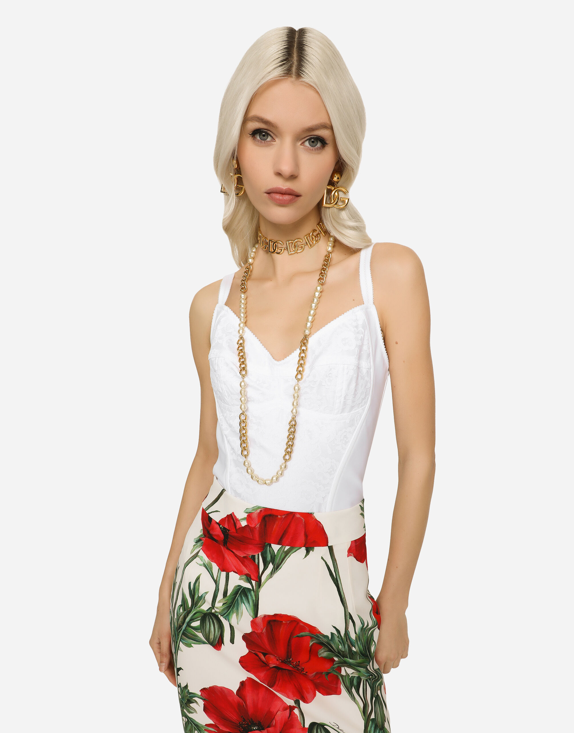 Shaper corset bodysuit in lace and jacquard in WHITE for Women