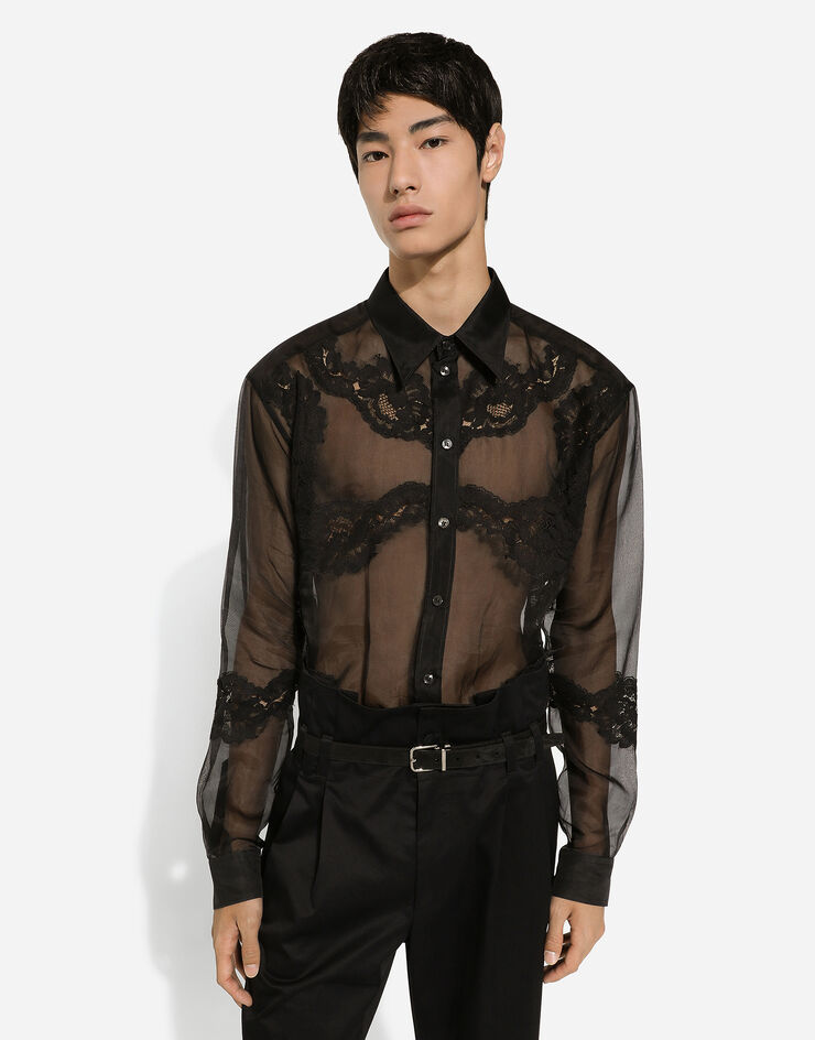 Dolce & Gabbana Camisa oversize de organza con aplicaciones de encaje Negro G5LV3TGH854