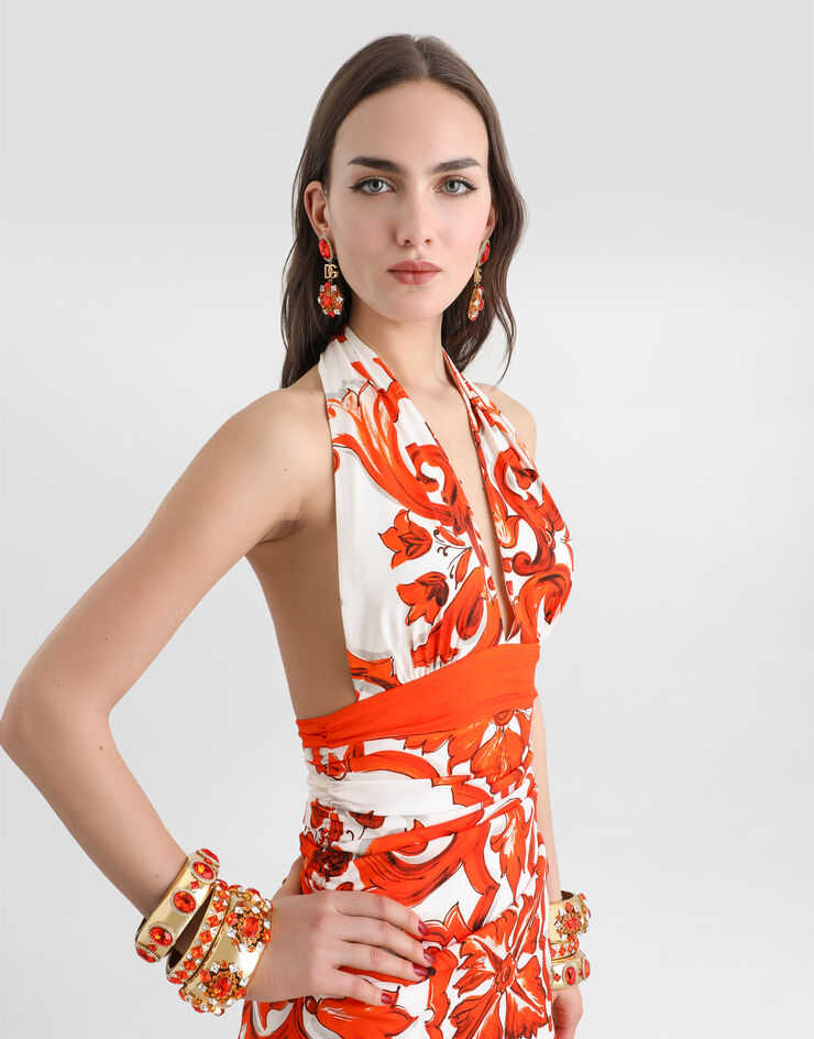 Dolce & Gabbana Majolica-print charmeuse long dress Multicolor F6TSVTGDDRJ