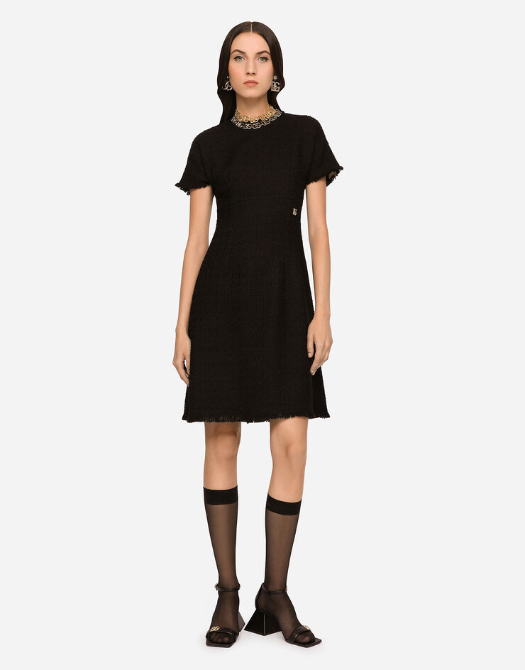 Dolce & Gabbana DG 로고 라셸 트위드 미드카프 드레스 블랙 F6ARVTFMMHN