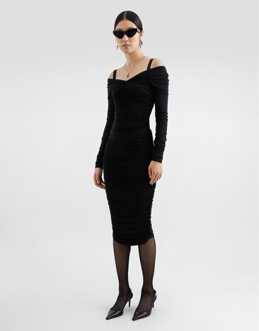 Dolce & Gabbana Organzine draped calf-length dress Black F6TNDTFUIAU