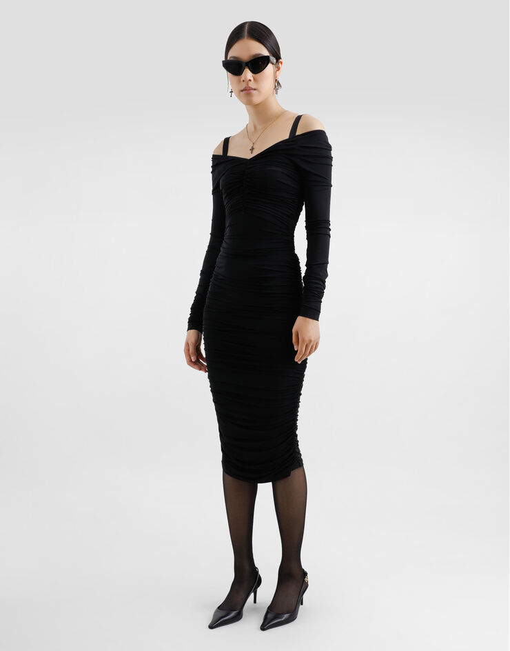 Dolce & Gabbana فستان أورجانزا ملتف بطول للربلة أسود F6TNDTFUIAU