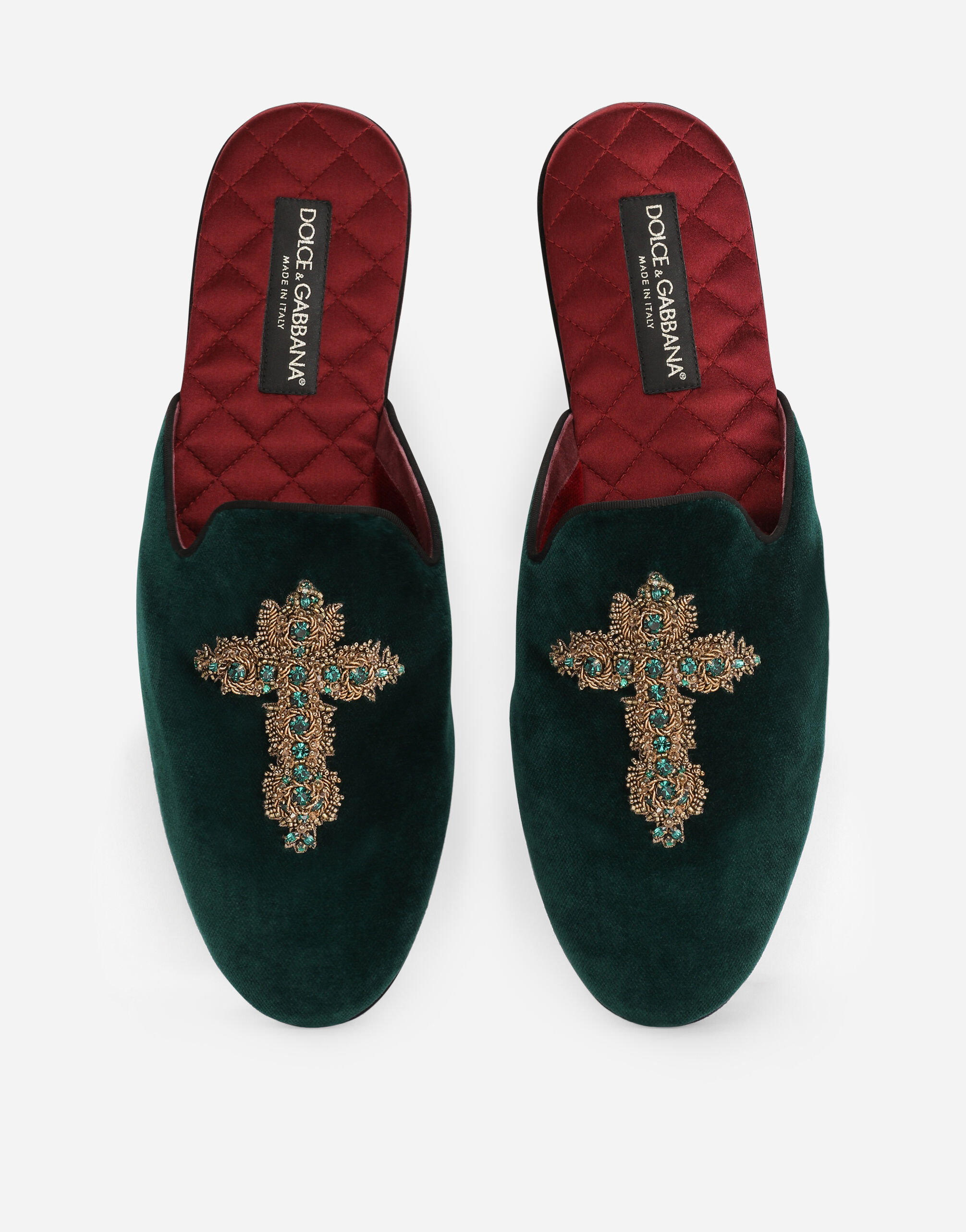 Velvet slippers with cross embroidery in GREEN for Men Dolce Gabbana