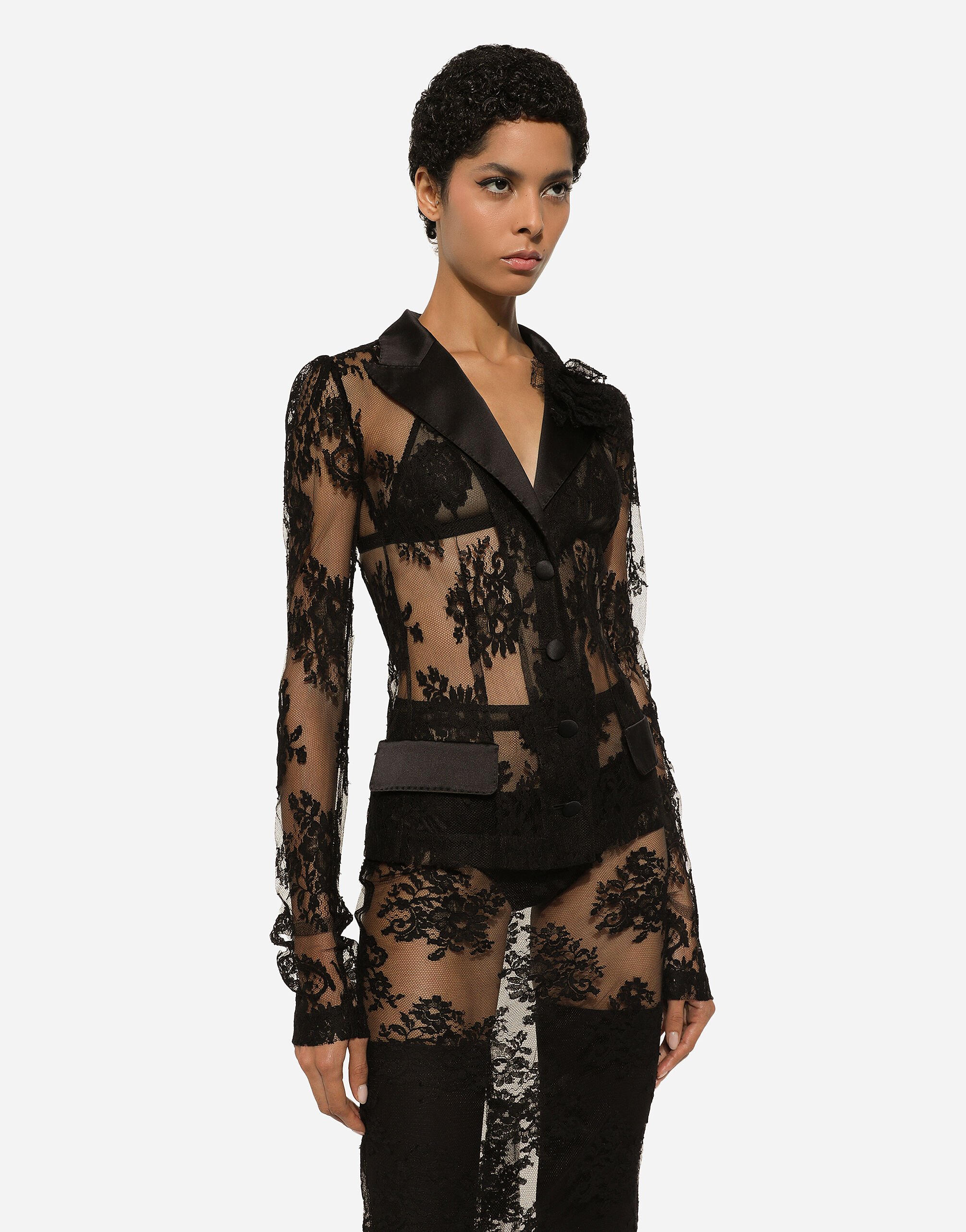 Floral lace jacket with satin details in Black for Women