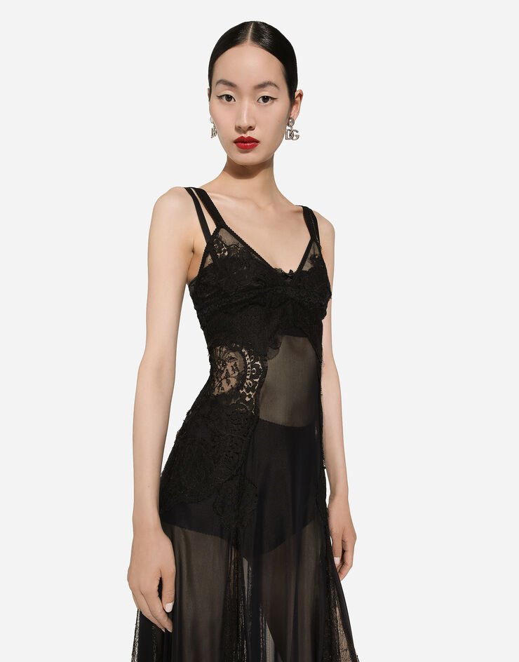 Dolce & Gabbana Longuette-Kleid im Slip-Dress-Stil aus Tüll mit Einsätzen aus Spitze Schwarz F6HASTFLRC2