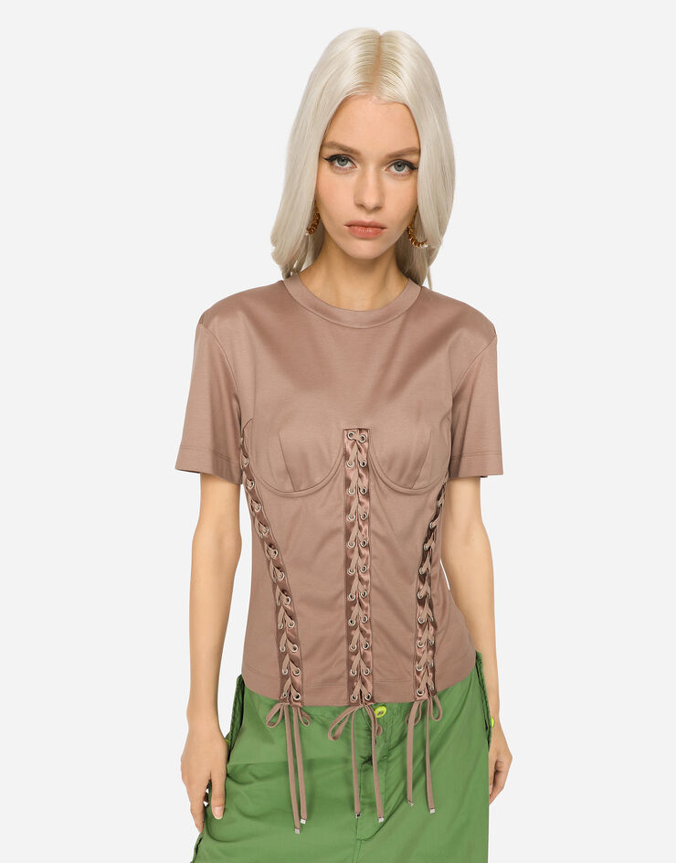 Dolce & Gabbana Corset T-shirt with laces and eyelets Brown F8Q48THU7H8