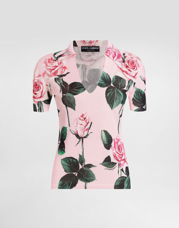 Dolce & Gabbana Rose-print silk sweater with collar Pink F8N08ZGDCX1