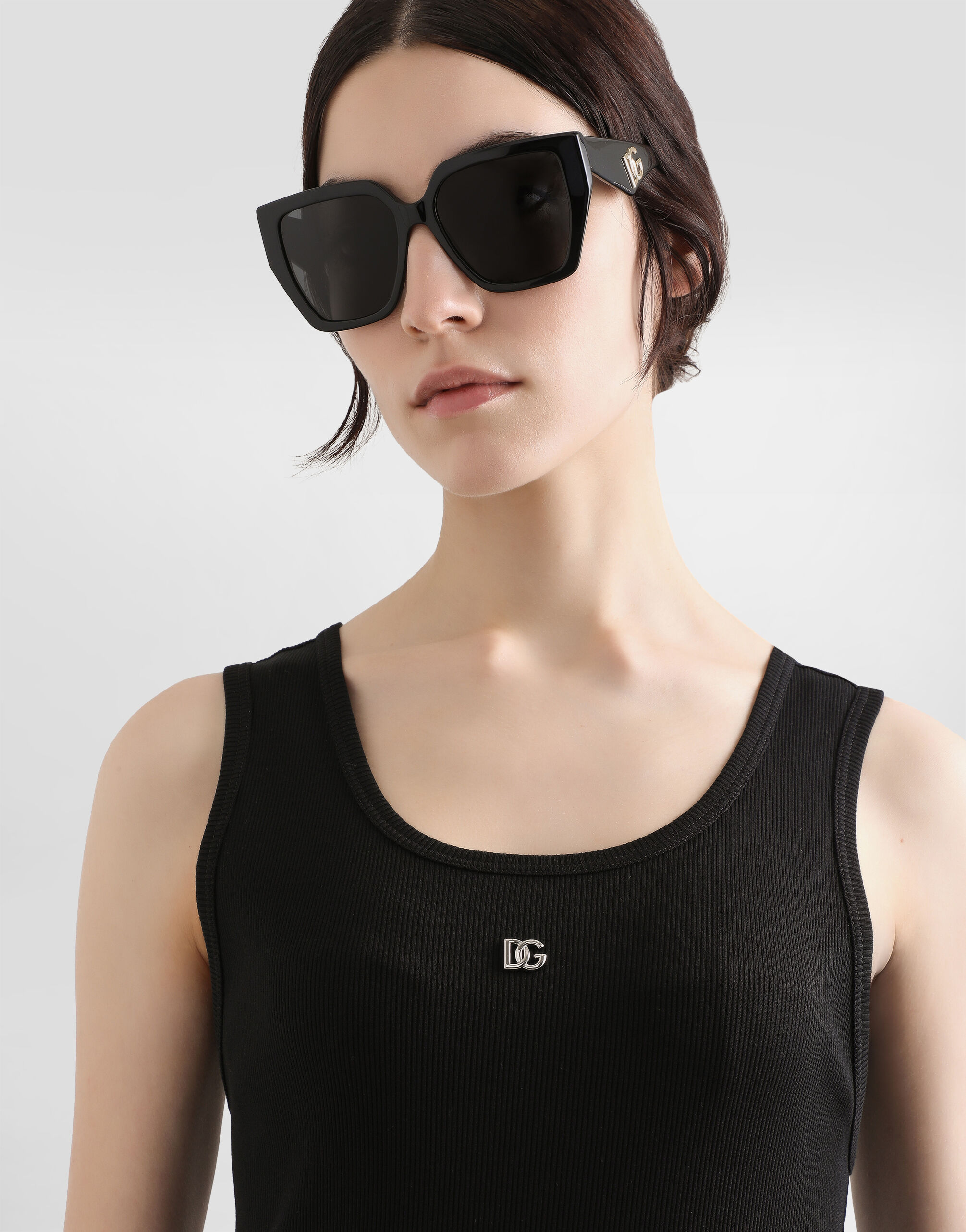 Fine-rib jersey tank top with DG logo pin in Black for Women