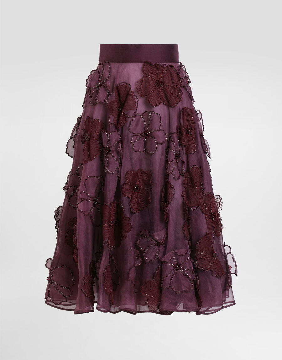Organza midi circle skirt with floral embroidery