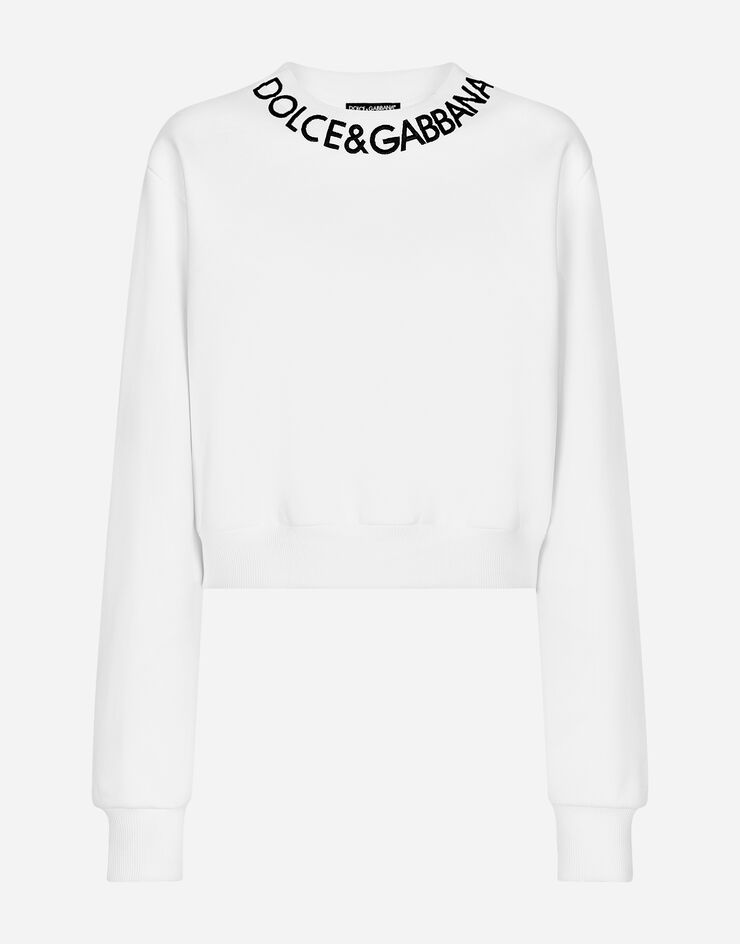 Dolce & Gabbana سويت شيرت جيرسي كروب بتطريز شعار على الياقة أبيض F9P35ZHU7H9