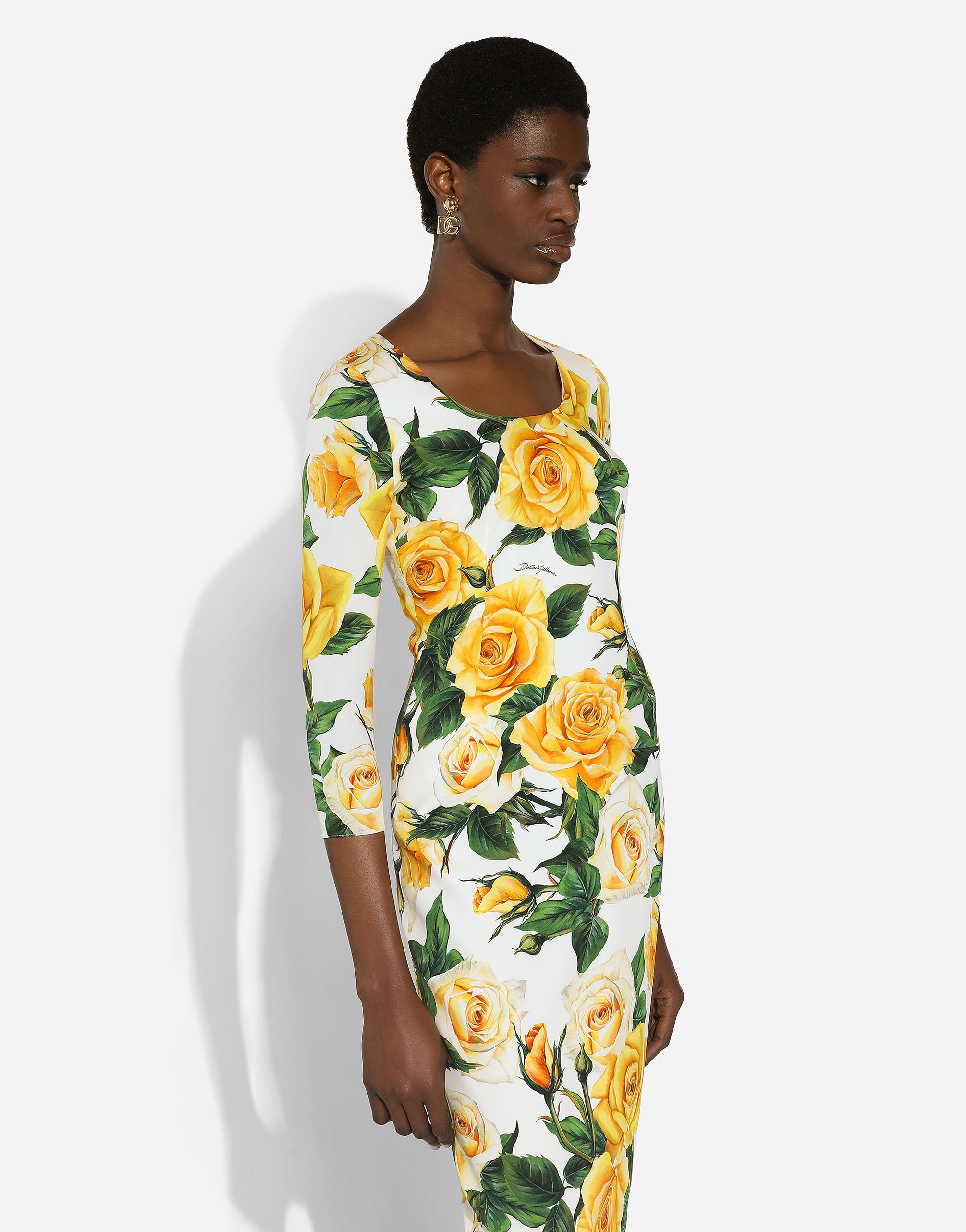 Charmeuse sheath dress with yellow rose print in Print for Women Dolce Gabbana