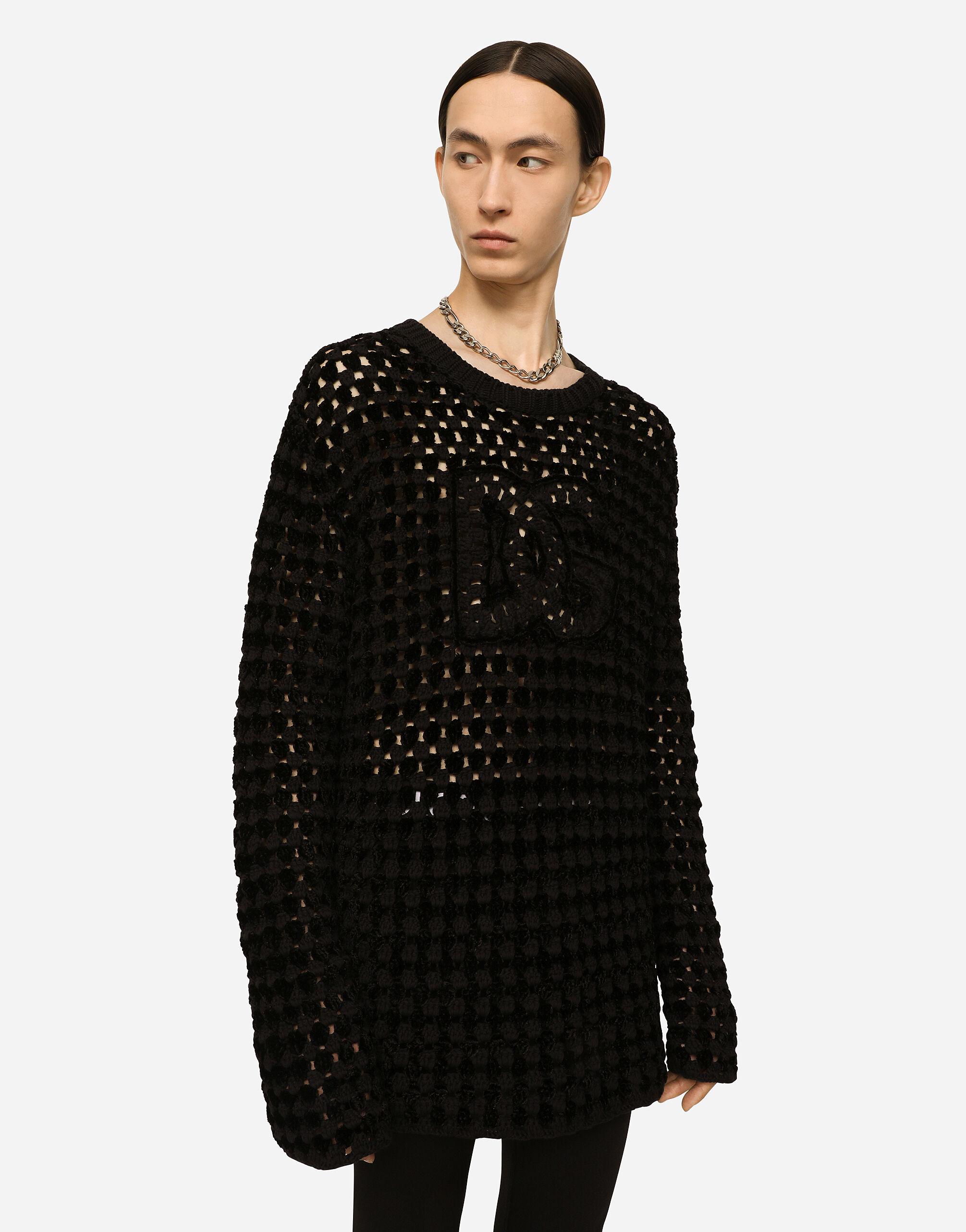 Crochet stitch round neck sweater with DG logo in Black for