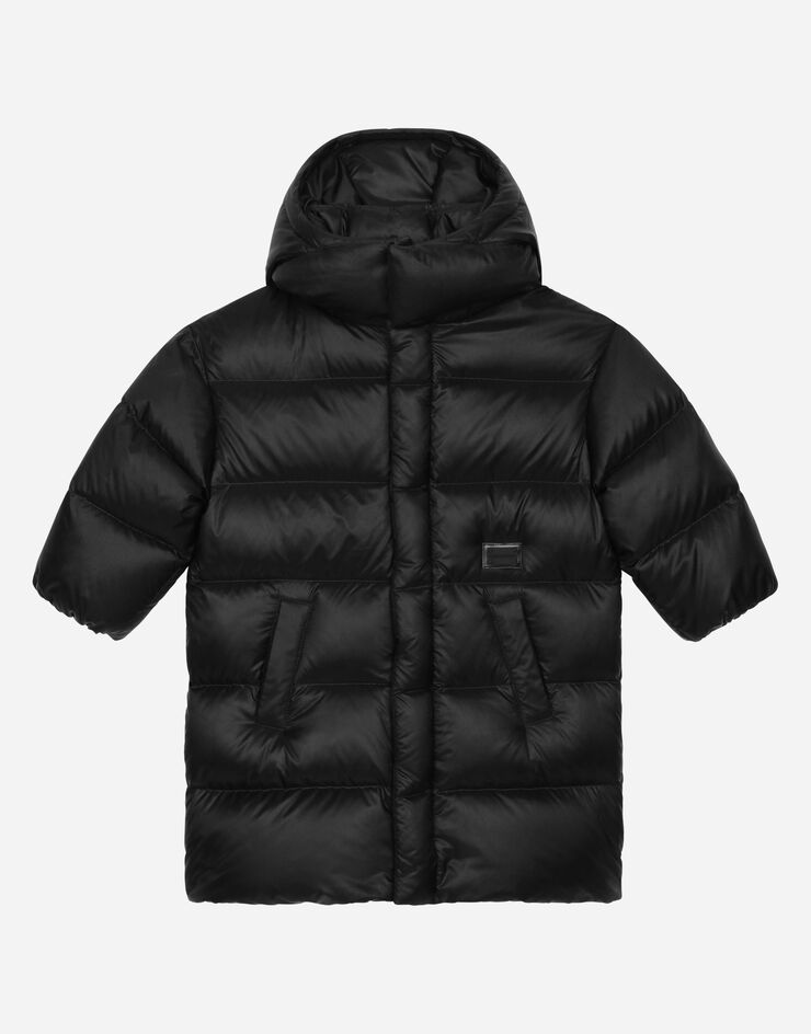 Dolce & Gabbana Long nylon down jacket with logo tag Black L4JB4LG7EK7
