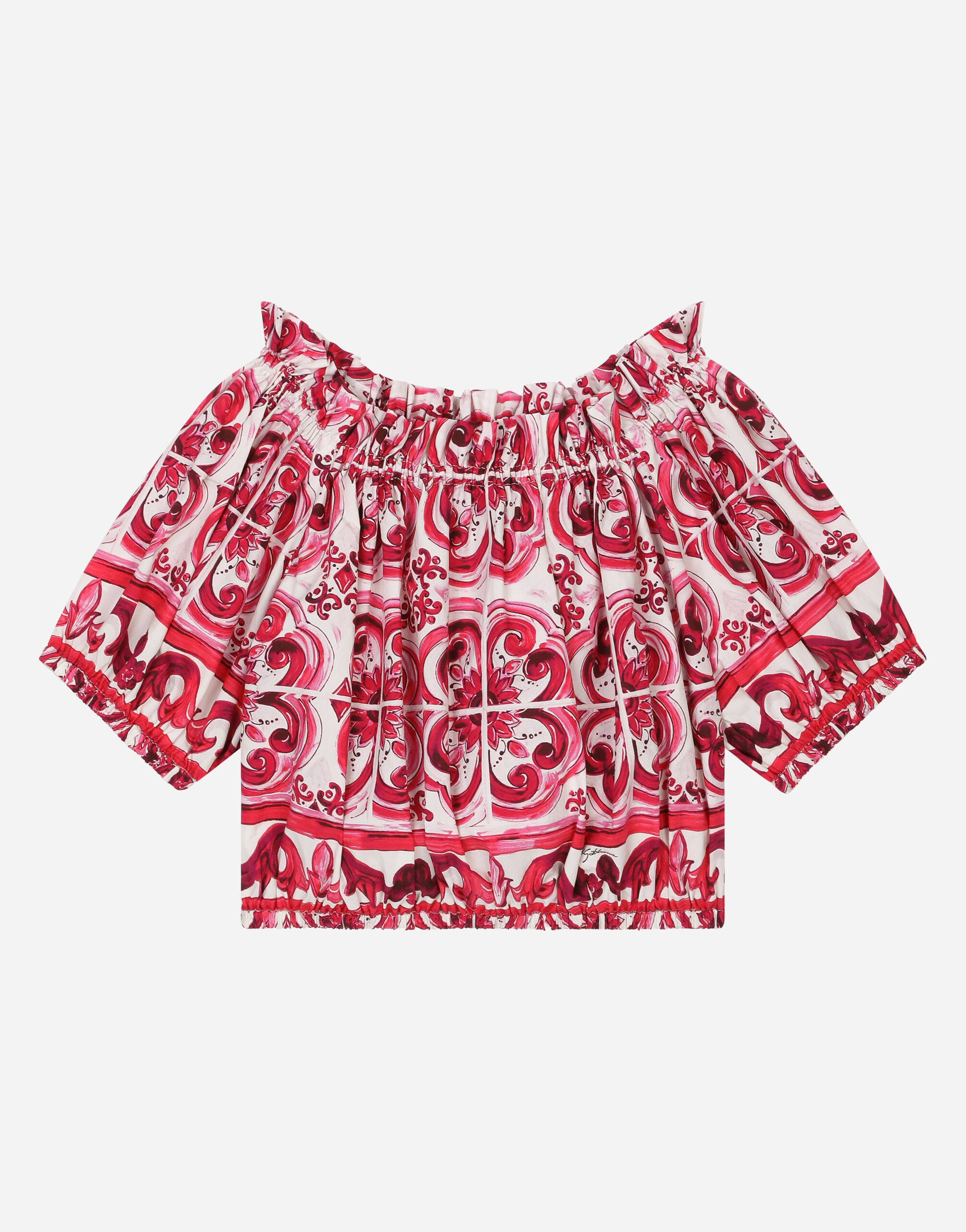 Majolica print poplin top in Multicolor for Girls Dolce Gabbana