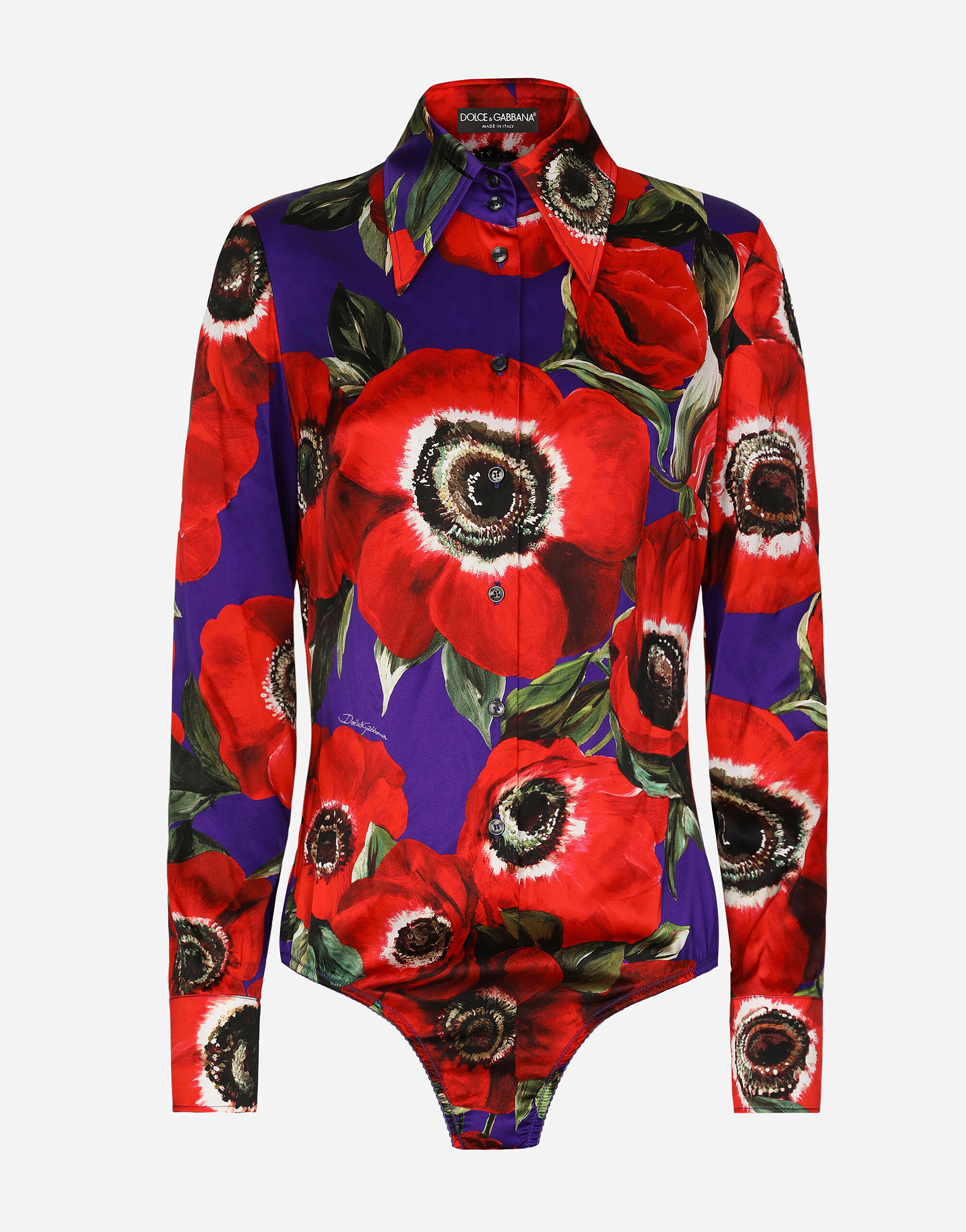 Dolce & Gabbana Satin shirt bodysuit with anemone print Black F759LTFLRC2