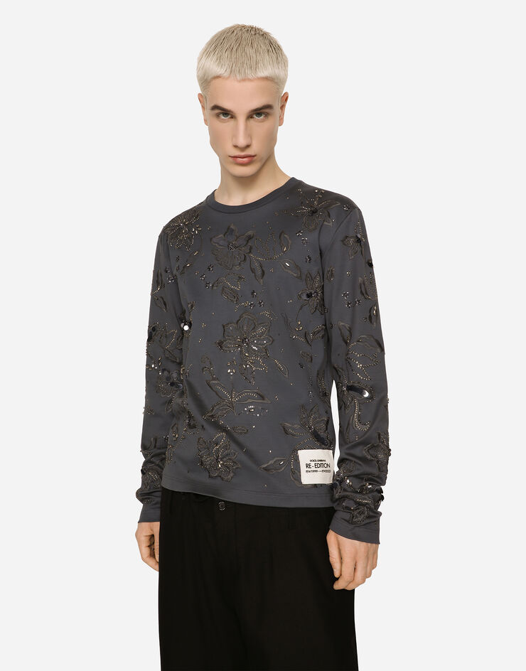 Dolce&Gabbana T-shirt in cotone interlock con ricamo Grigio G8QT0ZHU7H8