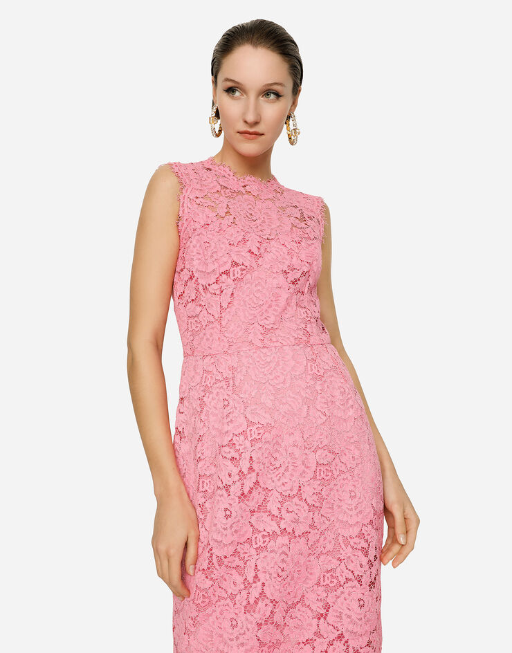 Dolce & Gabbana Vestido longuette de encaje elástico con logotipo Rosa F6H0ZTFLRE1