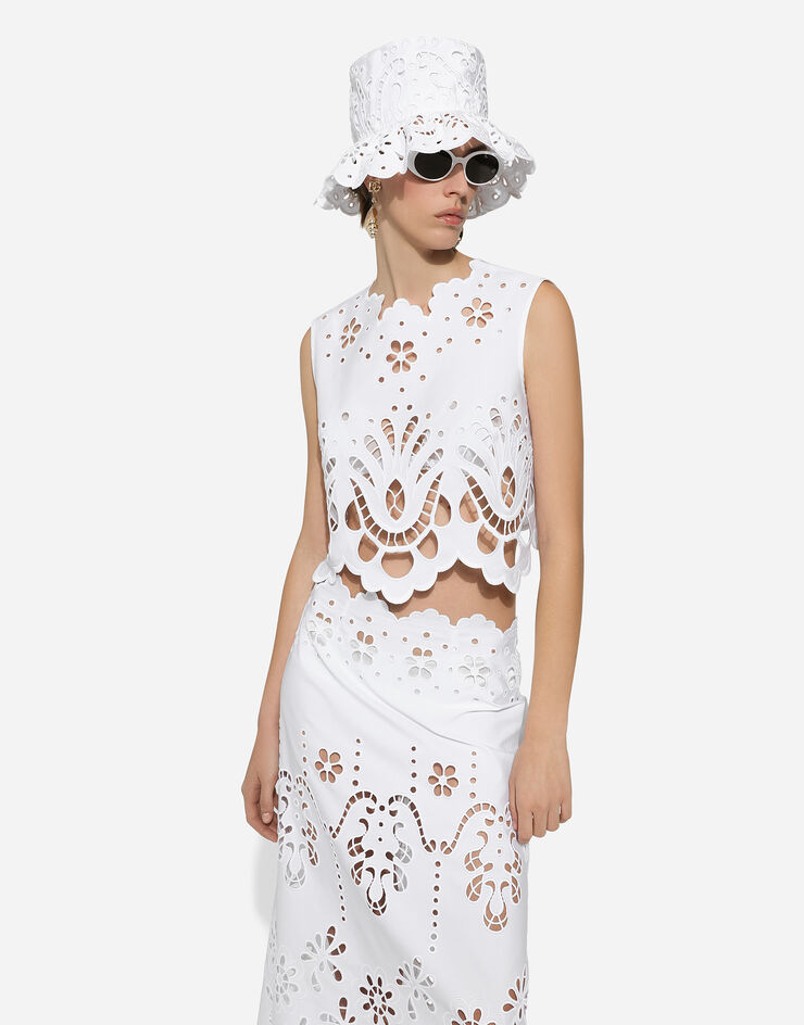 Dolce & Gabbana Kurzes Top aus Baumwolle mit Cut-out-Stickerei Weiss F79FSZGDCJP
