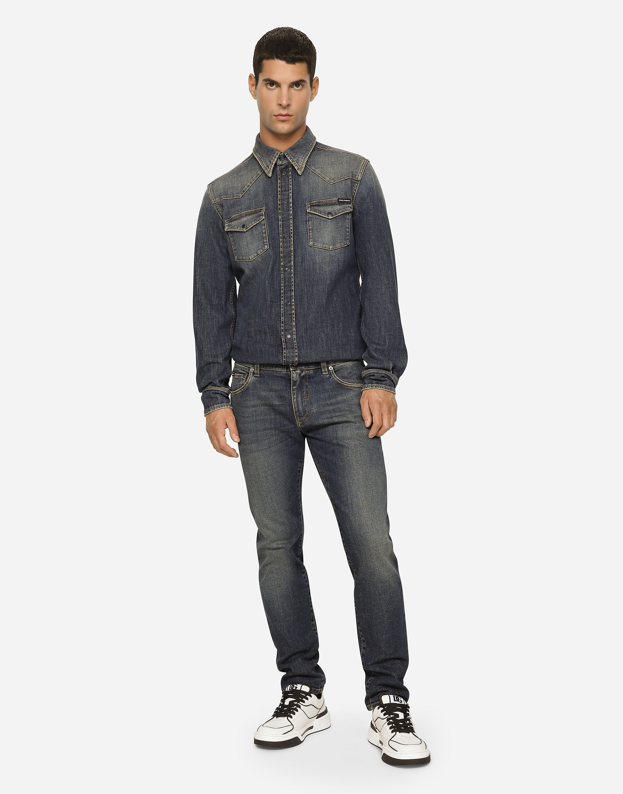 Light blue wash stretch denim shirt in Multicolor for Men Dolce Gabbana