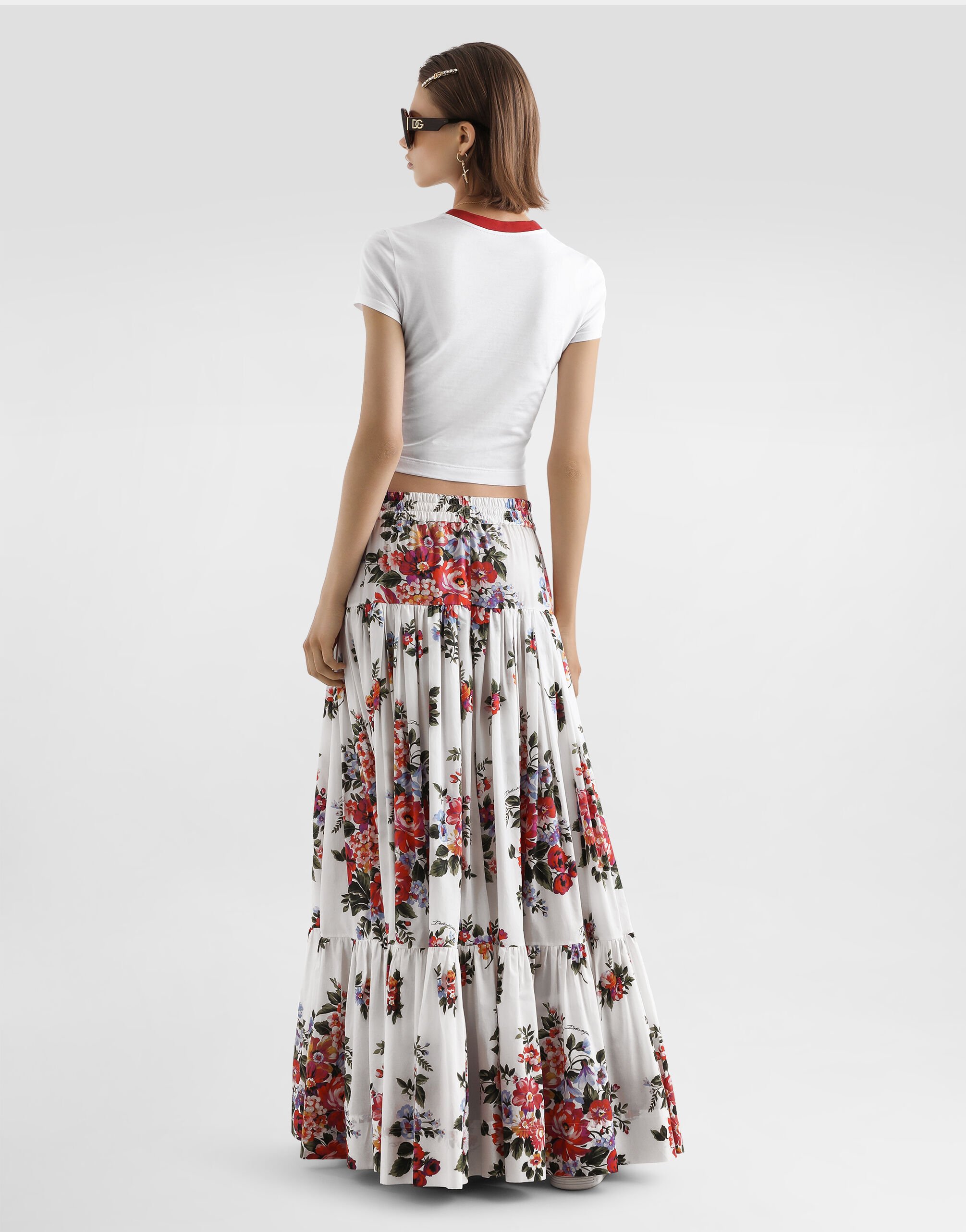 Flower bouquet-print poplin long skirt in Multicolor for Women