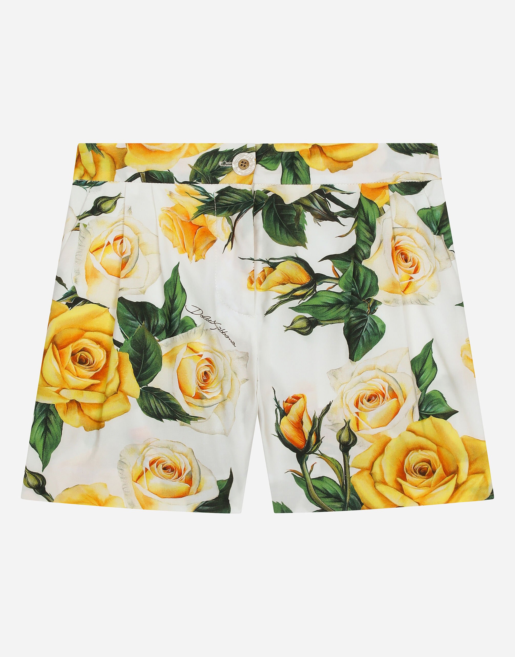 Dolce & Gabbana Shorts aus Popeline Print gelbe Rosen Weiss EB0003A1067