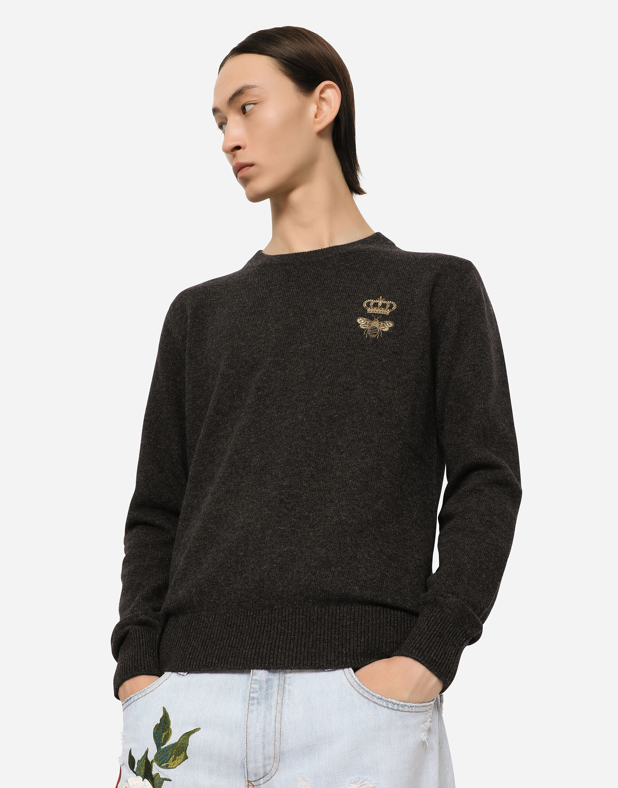 Round-neck wool sweater with embroidery in Grey for Men