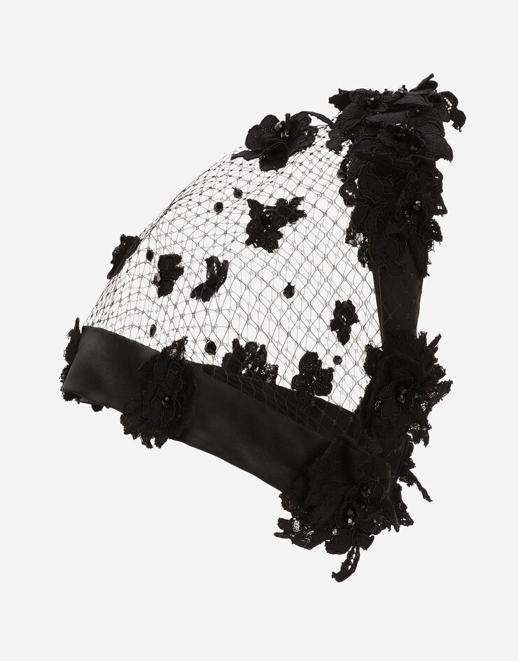 Dolce&Gabbana Hairband with floral-embroidered veil Schwarz FY306AFLMJX