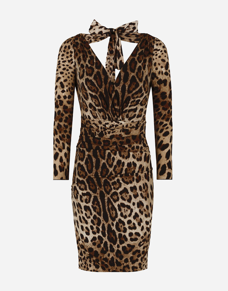 Dolce & Gabbana Kurzes Kleid aus Charmeuse Leoprint mit Schleife Mehrfarbig F6R7GTFSADD