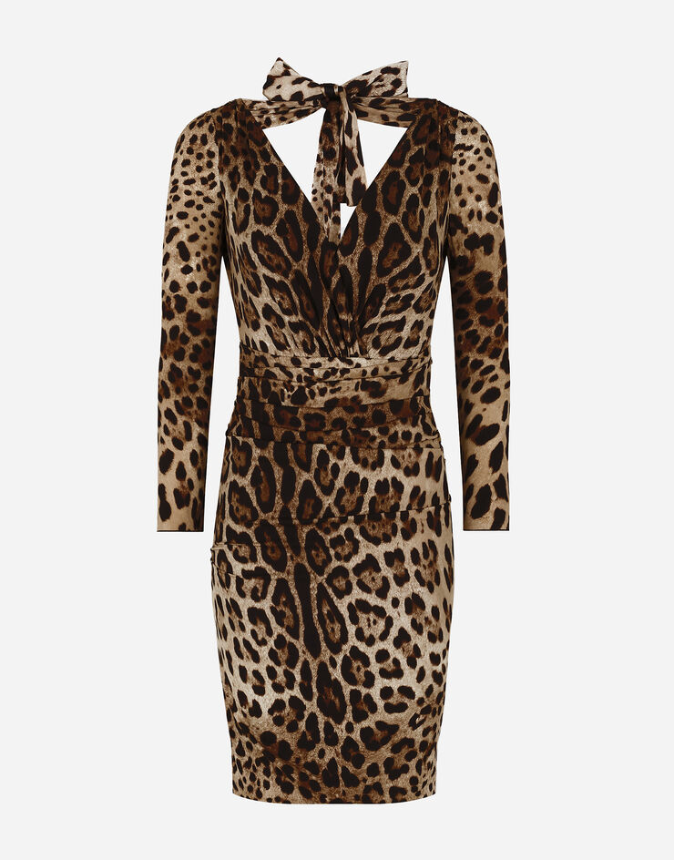 Dolce & Gabbana 레오파드 프린트 & 타이 장식 샤르뫼즈 쇼트 드레스 멀티 컬러 F6R7GTFSADD