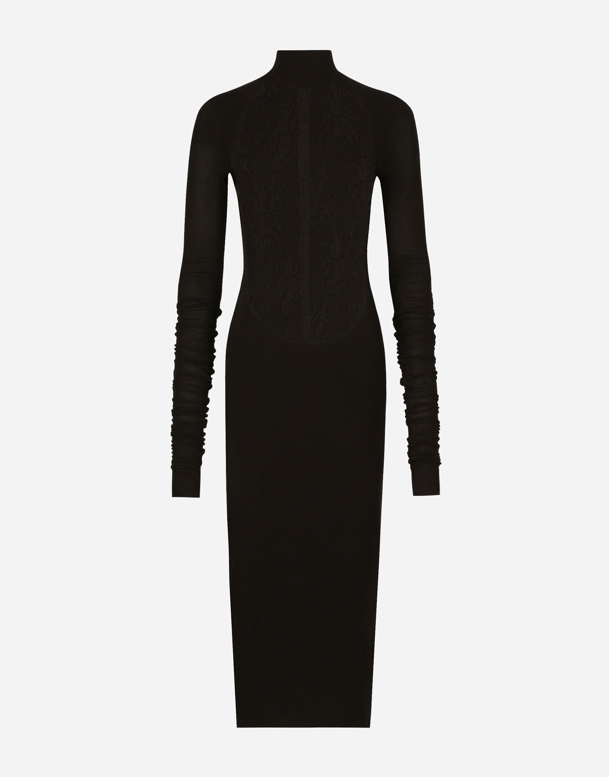 Jersey calf length dress with Chantilly lace insert in Black for