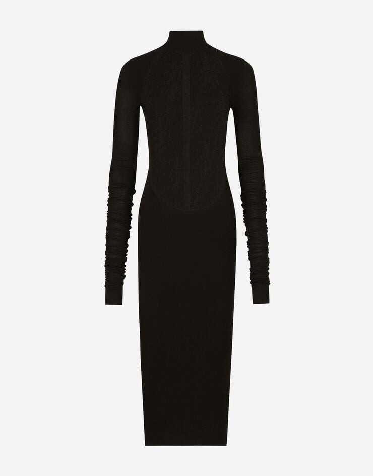Dolce&Gabbana Jersey calf-length dress with Chantilly lace insert Black F6DJNTFU7DK