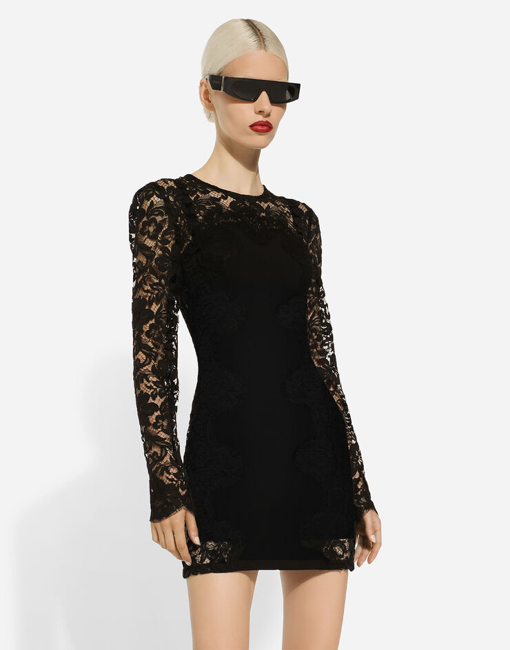 Dolce & Gabbana Kurzes Kleid aus Kordelspitze und Einsatz aus Jersey Schwarz F6CMFTHLMDA
