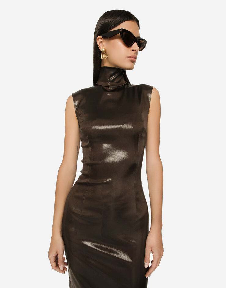 Dolce&Gabbana Ärmelloses Longuette-Kleid aus glänzendem Satin Braun F6COCTFURMV