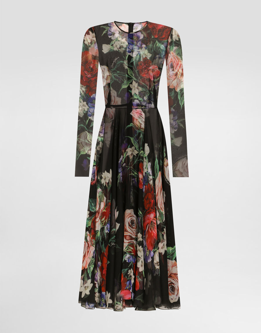 Floral-print chiffon calf-length dress with circle skirt