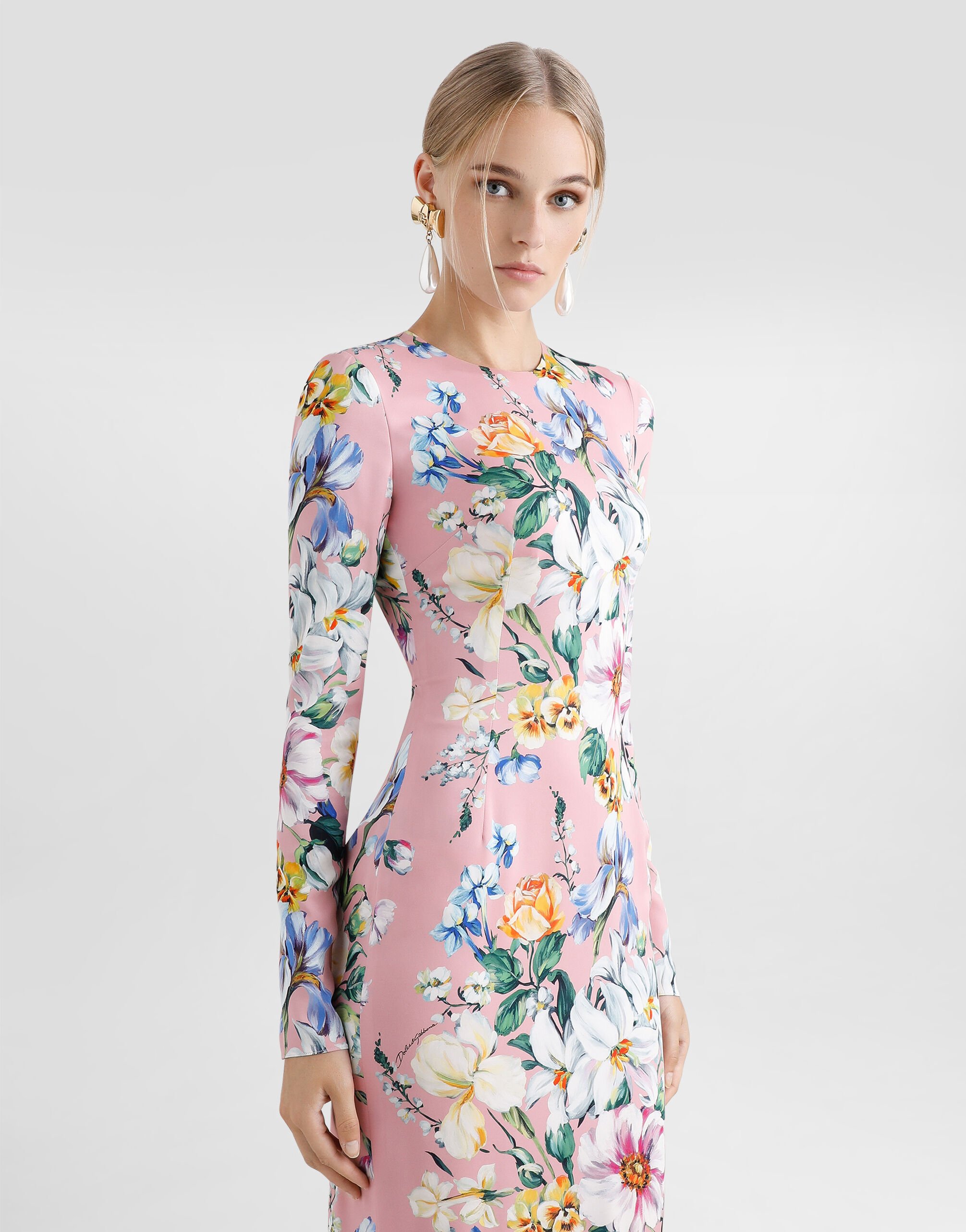 Charmeuse calf-length sheath dress with floral print in