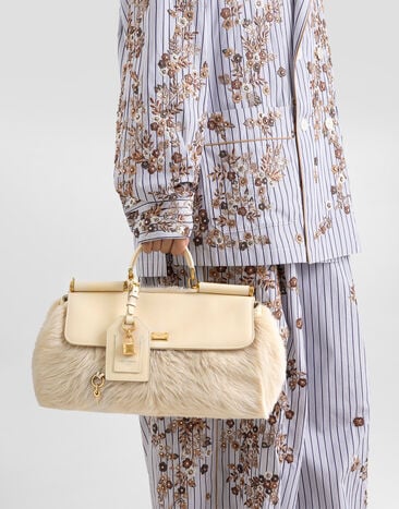 Dolce & Gabbana Bolso de mano My Sicily mediano en piel con pelo y piel de becerro plongé Beige BB7782B5528