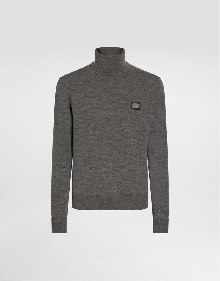 Dolce&Gabbana Rollkragenpullover Wolle mit Logoplakette Grau GXO35TJCVC7