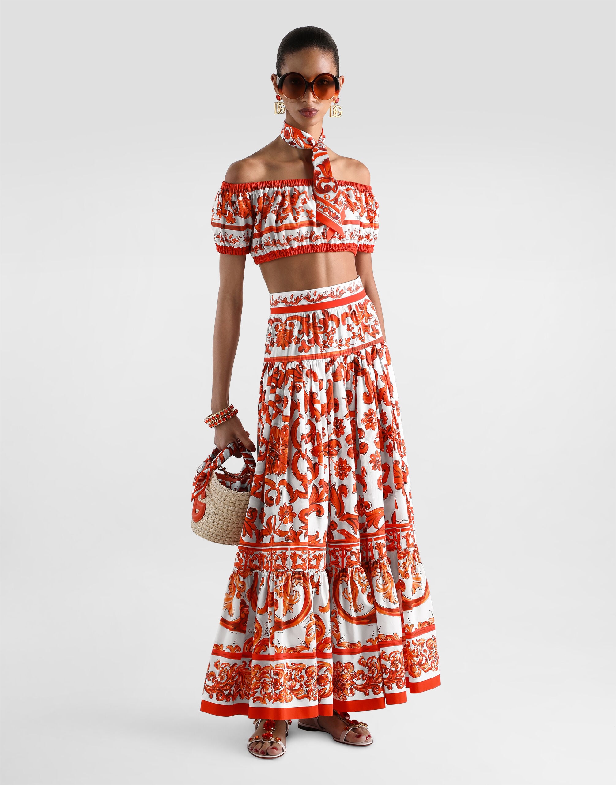 Majolica-print poplin long skirt in Multicolor for Women