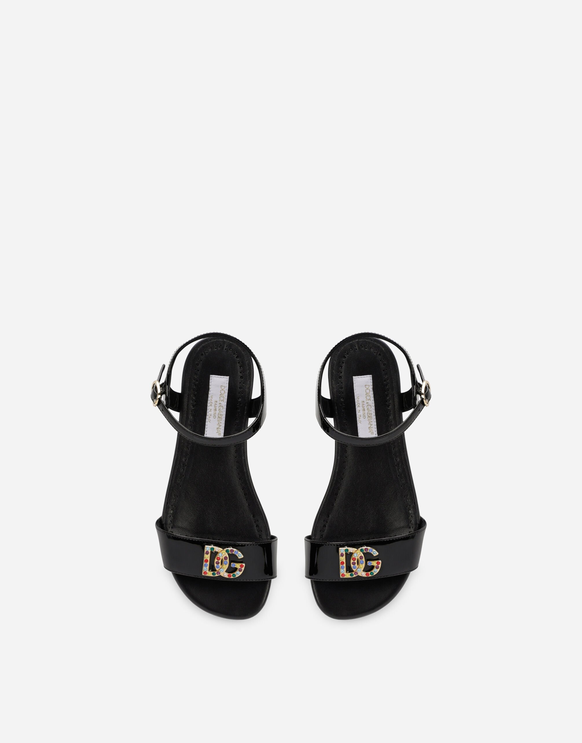 【関税&送料込み】Dolce & Gabbana Black Sandals With Embro Patent leather sandals with DG logo in Black for Girls