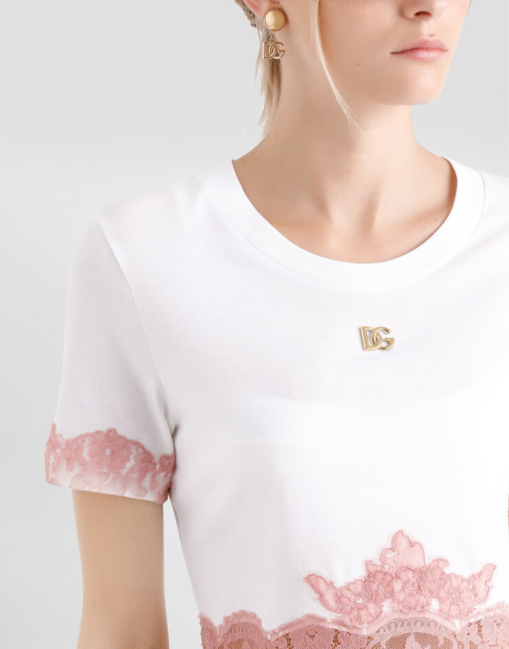 Dolce & Gabbana Camiseta corta de punto con aplicaciones de encaje y logotipo DG Blanco F8V22TFU7EQ