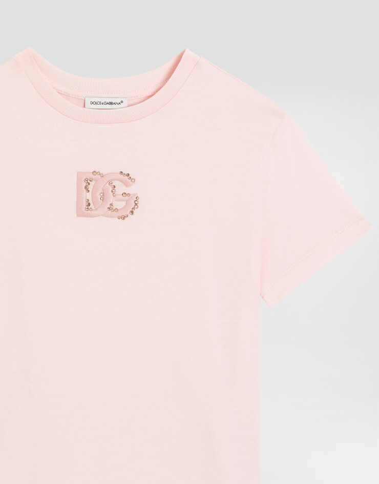 Dolce & Gabbana Jersey t-shirt with DG embroidery and rhinestones Pink L5JTQUG7P0K