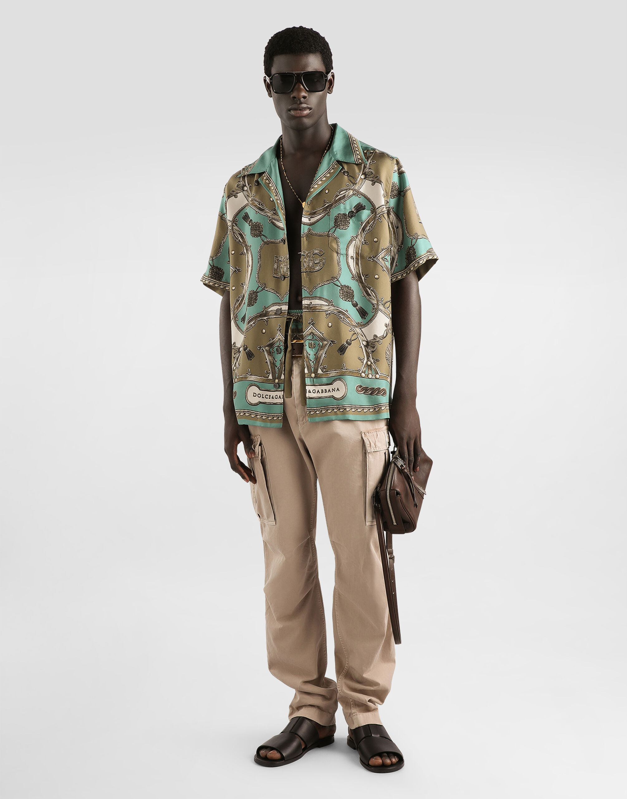 DOLCE&GABBANA　トラとオウムのプリントポロシャツ Short-sleeved cotton polo-shirt with striped inlay in Multicolor