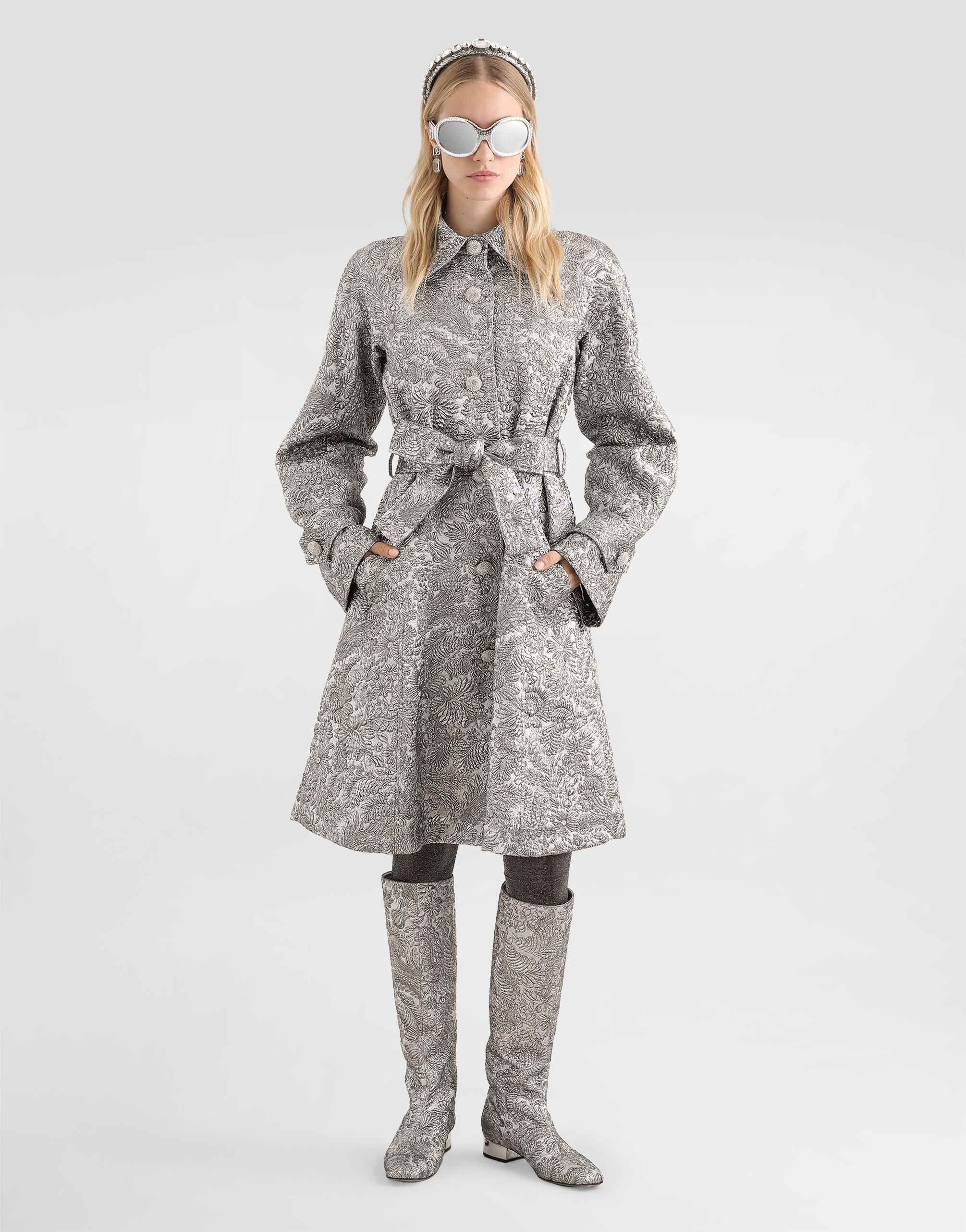 Lamé floral jacquard fabric trench coat in Silver for Women