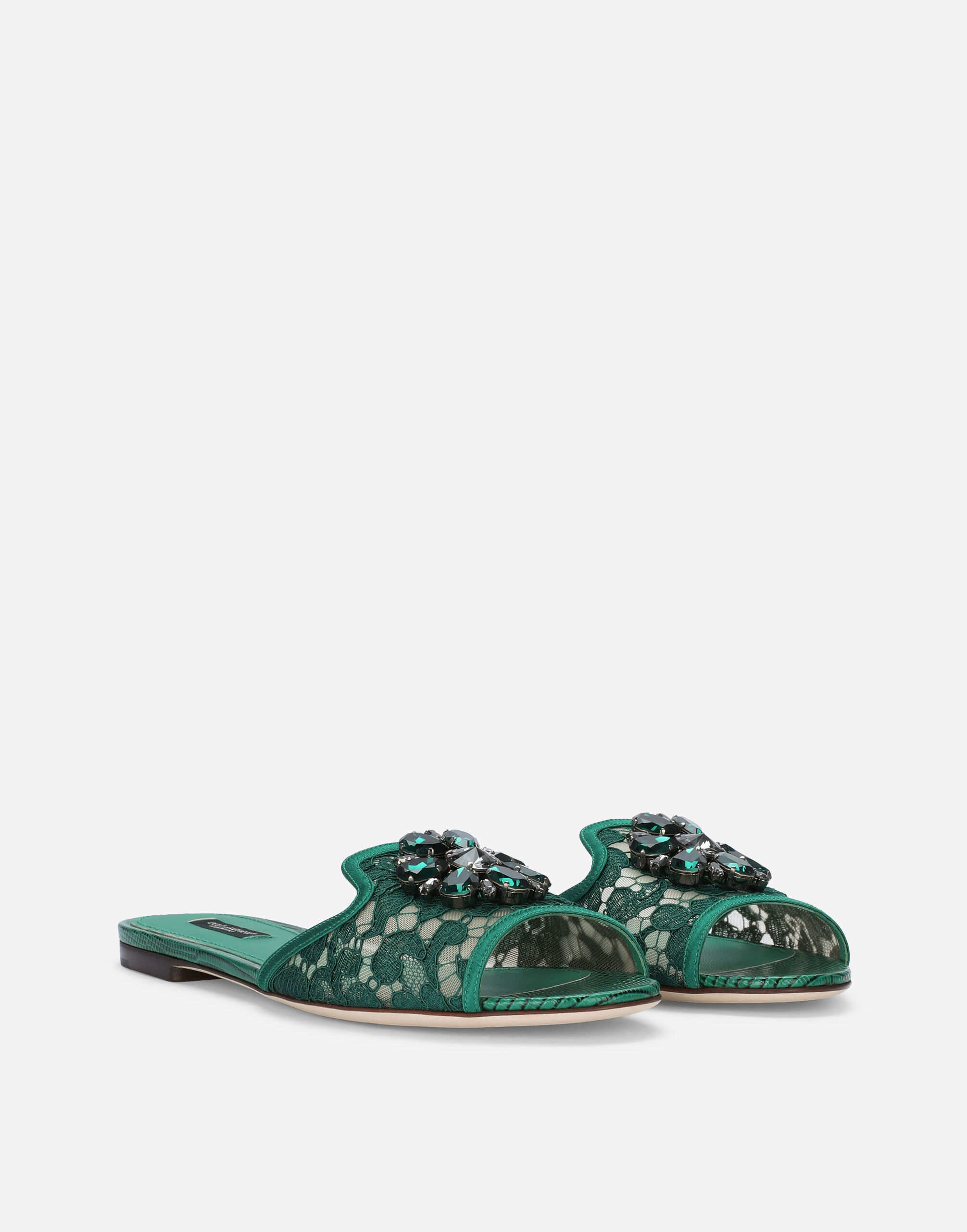 SLIPPERS IN TAORMINA LACE WITH CRYSTALS in GREEN for for Women