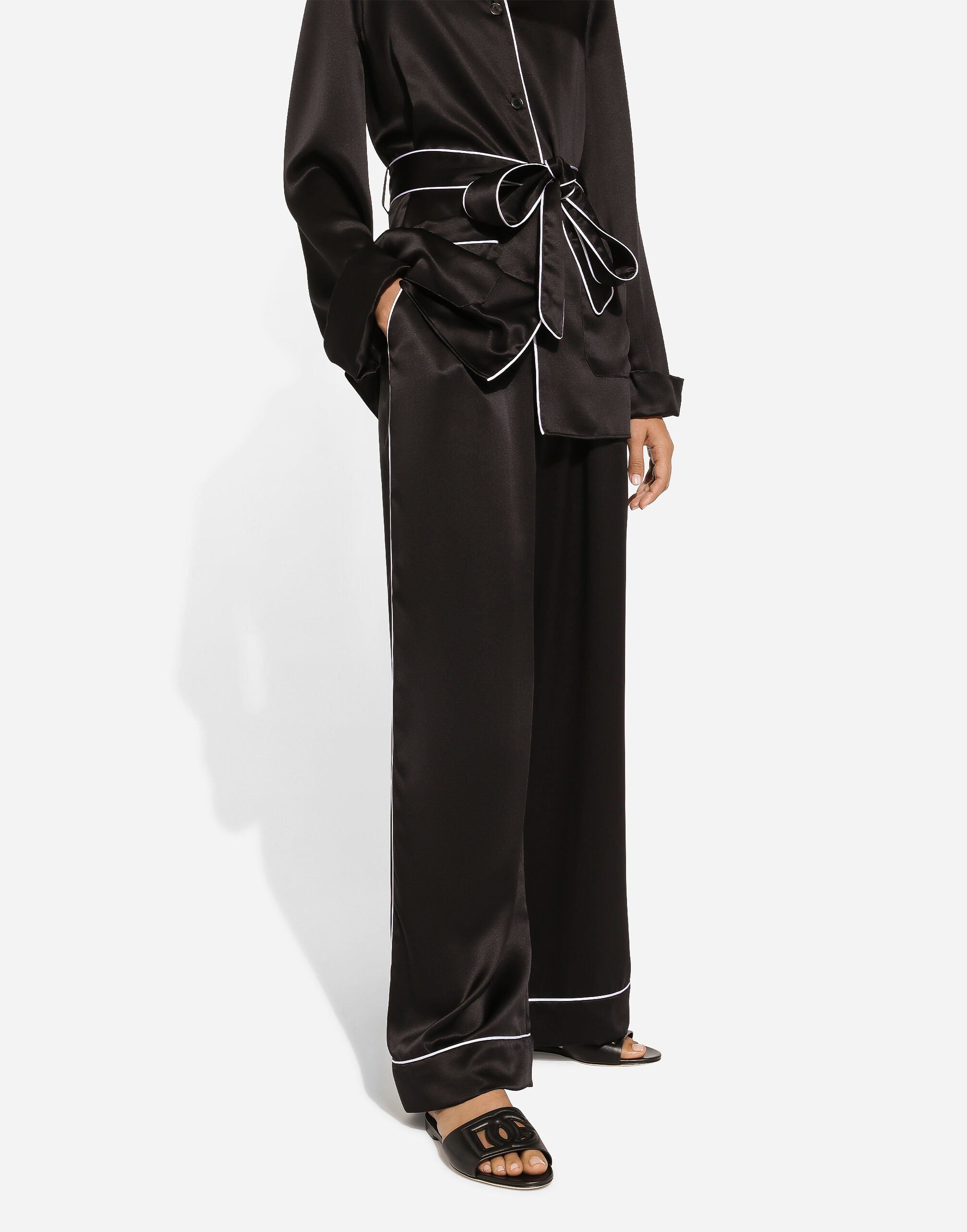 Silk pajama shirt with contrasting piping in Black for Women