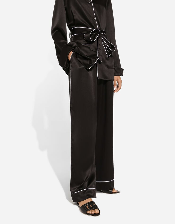 Dolce & Gabbana Camicia pigiama in seta con piping in contrasto Nero F5N53TFU1AU