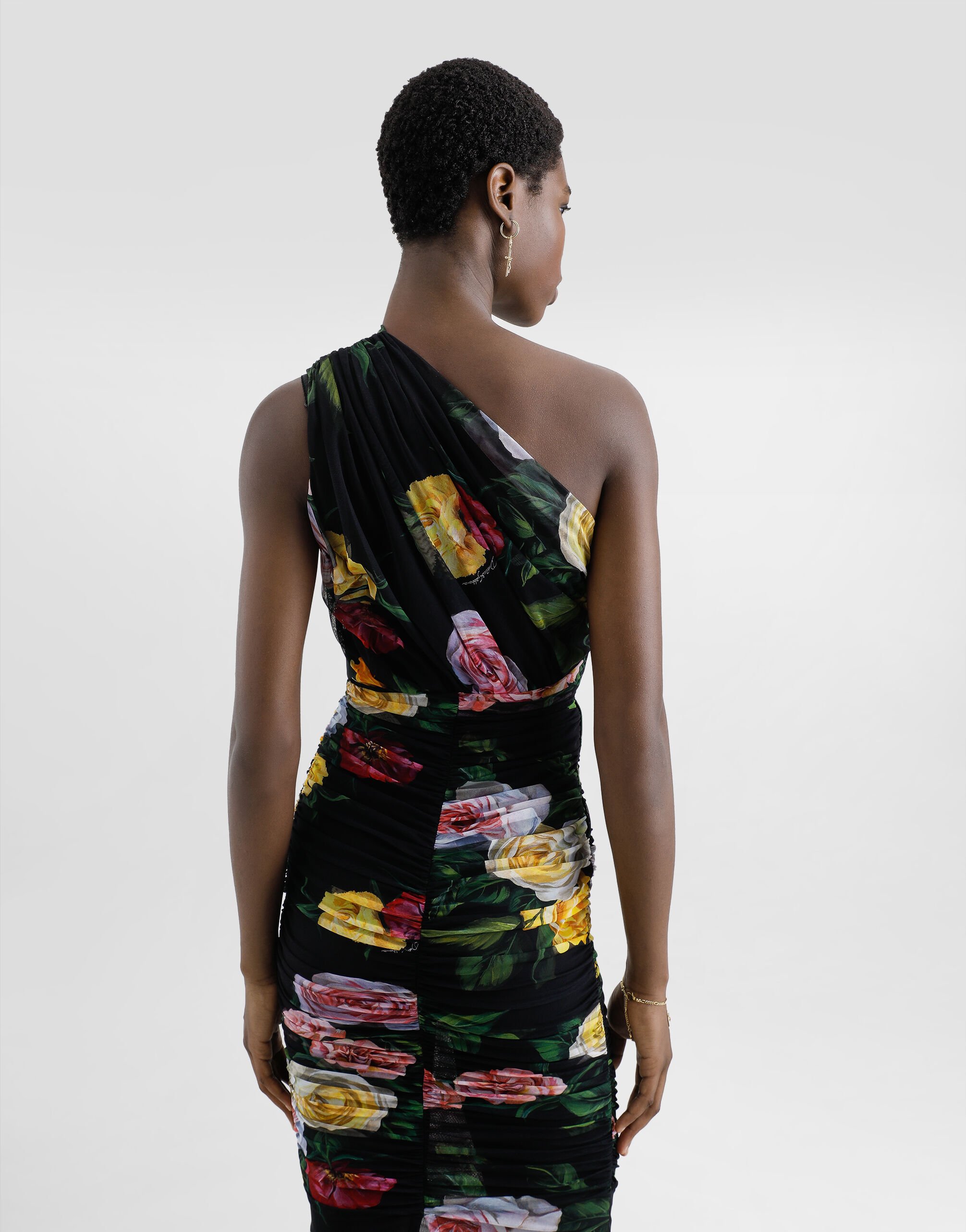 送料無料 Tulle one-shoulder calf-length dress with peony and rose ワンピース