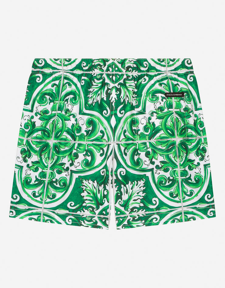 Dolce & Gabbana Nylon swim trunks with green majolica print Print L4J818ON01D